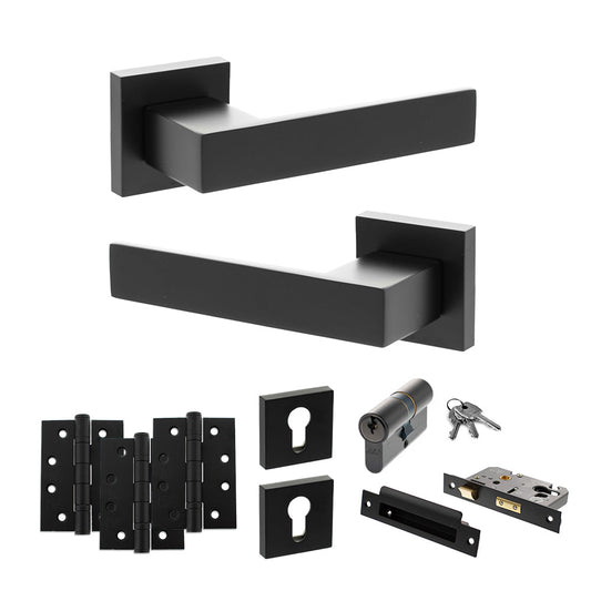 Senza Pari Panetti Door Handle Pack (Euro Lock Set - 2.5" CE Sashlock, 4" Fire Rated Hinges x3) - Matt Black - Default