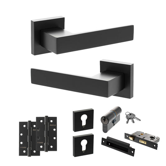 Senza Pari Panetti Door Handle Pack (Euro Lock Set - 3" CE Sashlock, 4" Slim Knuckle Hinges x2) - Matt Black - Default