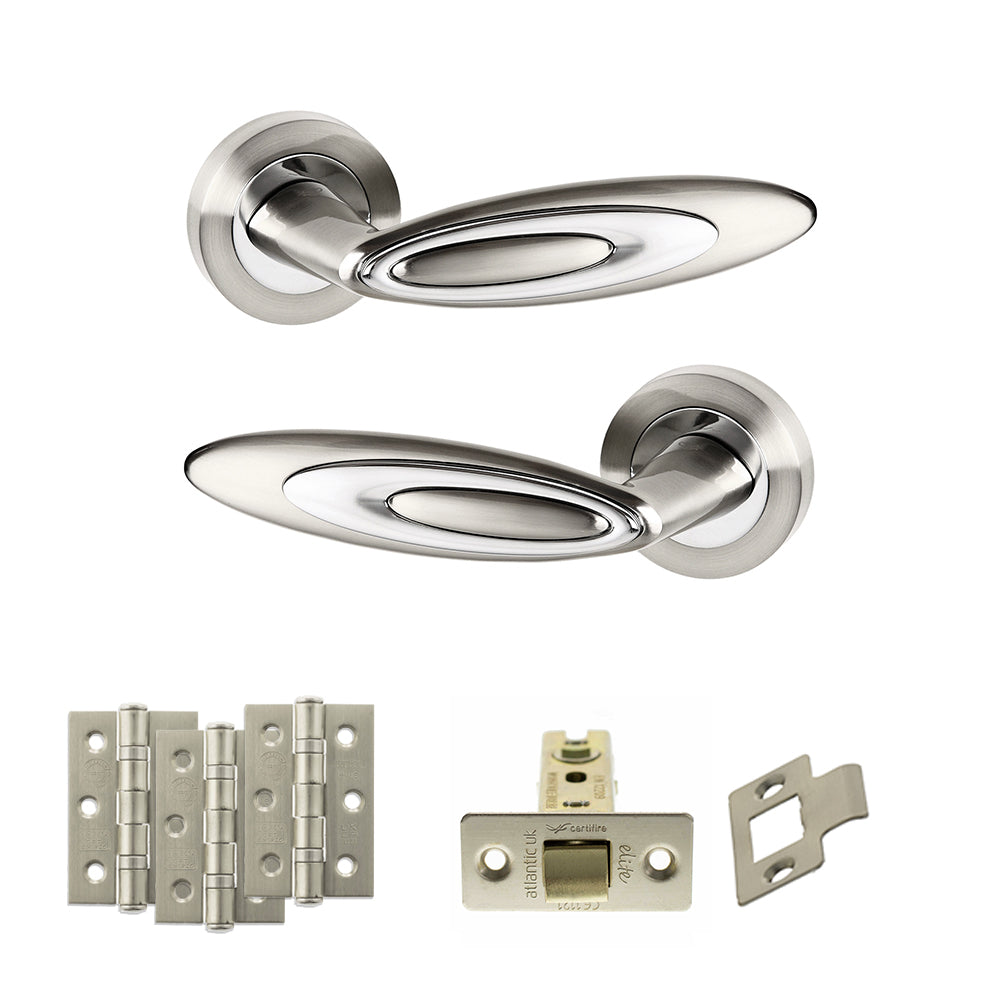 Senza Pari Elisse Door Handle Pack (Latch Set - 3" CE Latch, 3" Fire Rated Hinges x3) - Satin Nickel/Chrome Plate - Satin Nickel/Polished Chrome - Default