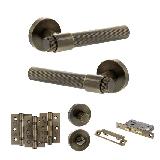 Senza Pari Fasana Door Handle Pack (Bathroom Set - 3" CE Bathroom Lock, 3" Fire Rated Hinges x3) - Antique Brass - Default