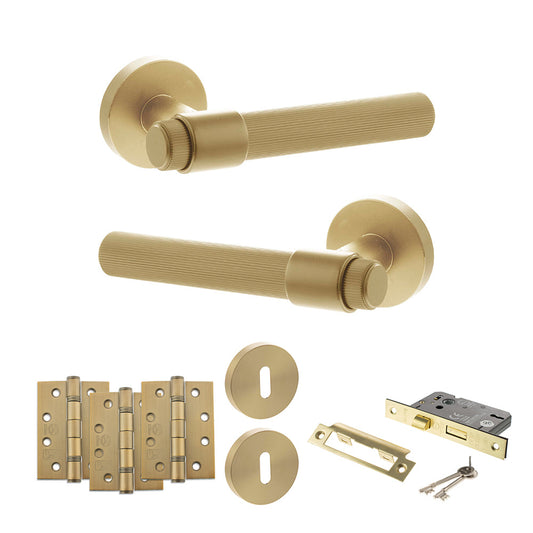 Senza Pari Fasana Door Handle Pack (3 Lever Lock Set - 2.5" CE Sashlock, 4" Fire Rated Hinges x3) - Satin Brass