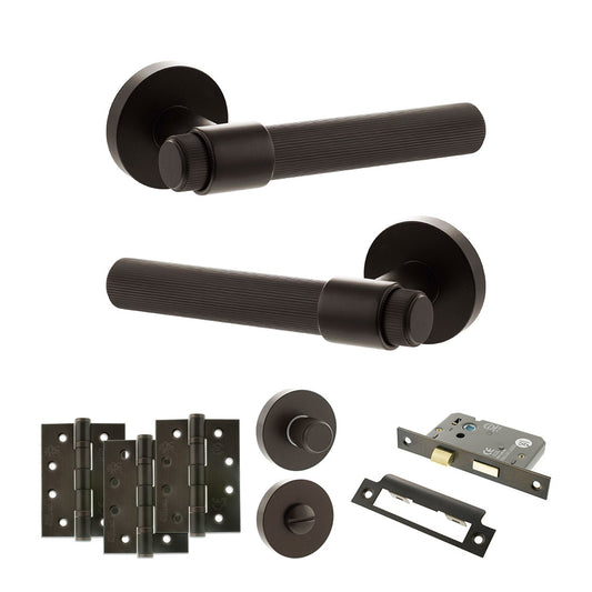 Senza Pari Fasana Door Handle Pack (Bathroom Set - 3" CE Bathroom Lock, 4" Fire Rated Hinges x3) - Urban Dark Bronze