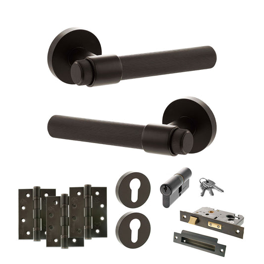Senza Pari Fasana Door Handle Pack (Euro Lock Set - 3" CE Sashlock, 4" Fire Rated Hinges x3) - Urban Dark Bronze