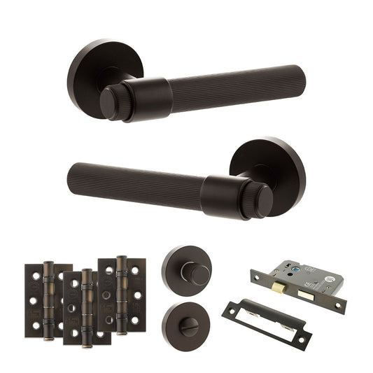 Senza Pari Fasana Door Handle Pack (Bathroom Set - 3" CE Bathroom Lock, 3" Fire Rated Hinges x3) - Urban Dark Bronze