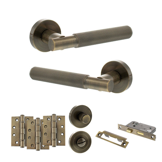 Senza Pari Rosarno Door Handle Pack (Bathroom Set - 2.5" CE Bathroom Lock, 4" Fire Rated Hinges x3) - Antique Brass - Default