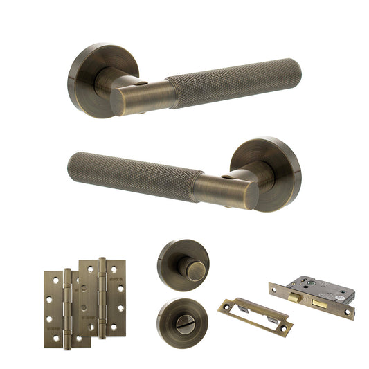 Senza Pari Rosarno Door Handle Pack (Bathroom Set - 2.5" CE Bathroom Lock, 4" Slim Knuckle Hinges x2) - Antique Brass - Default