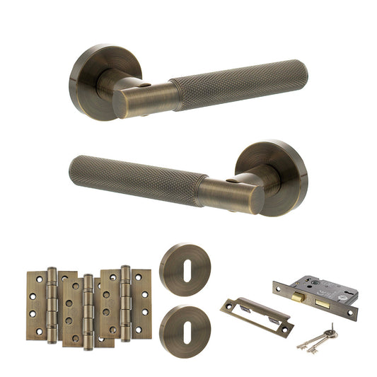 Senza Pari Rosarno Door Handle Pack (3 Lever Lock Set - 2.5" CE Sashlock, 4" Fire Rated Hinges x3) - Antique Brass - Default