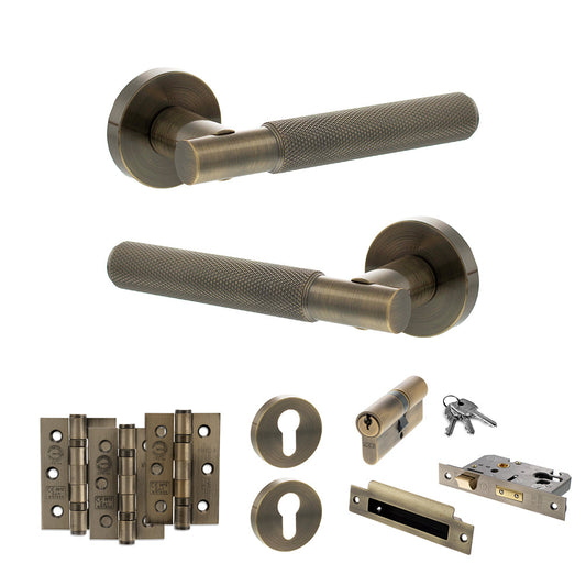 Senza Pari Rosarno Door Handle Pack (Euro Lock Set - 3" CE Sashlock, 3" Fire Rated Hinges x3) - Antique Brass - Default