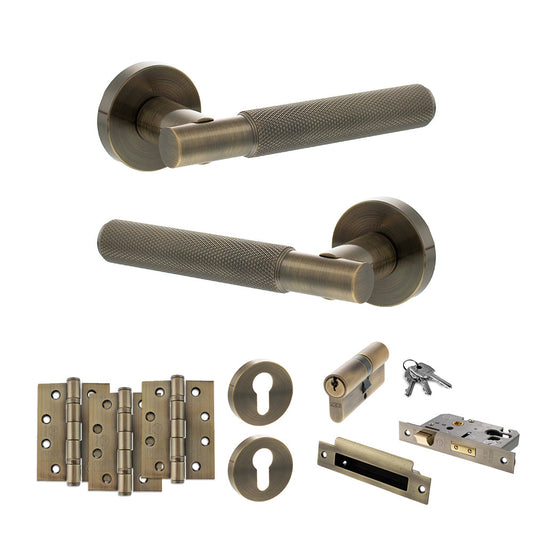 Senza Pari Rosarno Door Handle Pack (Euro Lock Set - 3" CE Sashlock, 4" Fire Rated Hinges x3) - Antique Brass - Default