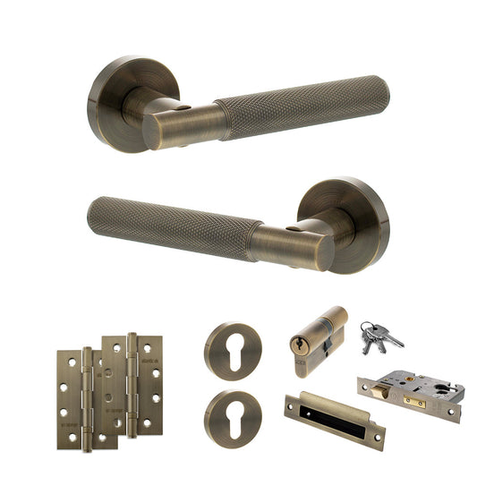Senza Pari Rosarno Door Handle Pack (Euro Lock Set - 2.5" CE Sashlock, 4" Slim Knuckle Hinges x2) - Antique Brass - Default
