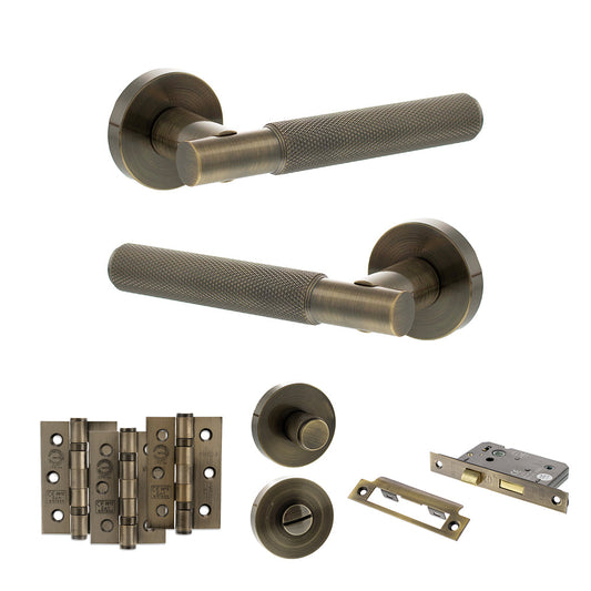 Senza Pari Rosarno Door Handle Pack (Bathroom Set - 2.5" CE Bathroom Lock, 3" Fire Rated Hinges x3) - Antique Brass - Default