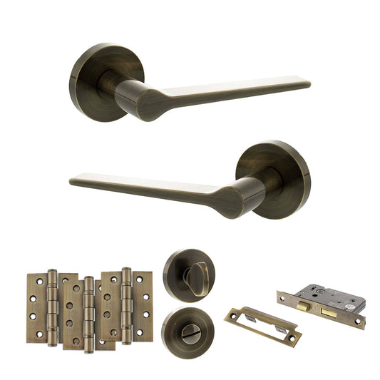 Senza Pari Laviano Door Handle Pack (Bathroom Set - 3" CE Bathroom Lock, 4" Fire Rated Hinges x3) - Antique Brass - Default