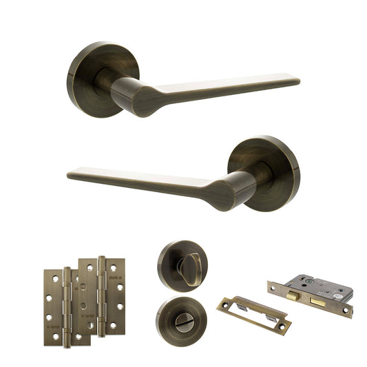 Senza Pari Laviano Door Handle Pack (Bathroom Set - 3" CE Bathroom Lock, 4" Slim Knuckle Hinges x2) - Antique Brass - Default