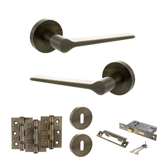 Senza Pari Laviano Door Handle Pack (3 Lever Lock Set - 2.5" CE Sashlock, 3" Fire Rated Hinges x3) - Antique Brass - Default
