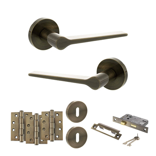 Senza Pari Laviano Door Handle Pack (3 Lever Lock Set - 2.5" CE Sashlock, 4" Fire Rated Hinges x3) - Antique Brass - Default