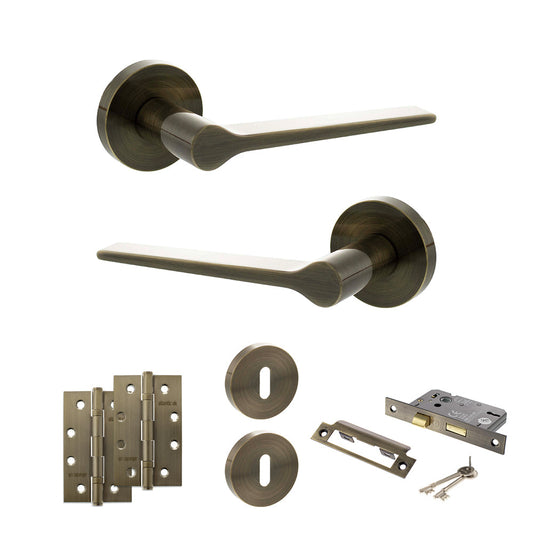 Senza Pari Laviano Door Handle Pack (3 Lever Lock Set - 2.5" CE Sashlock, 4" Slim Knuckle Hinges x2) - Antique Brass - Default