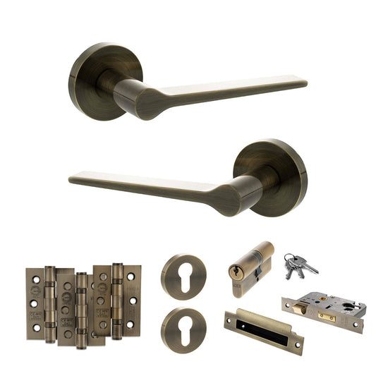 Senza Pari Laviano Door Handle Pack (Euro Lock Set - 2.5" CE Sashlock, 3" Fire Rated Hinges x3) - Antique Brass - Default