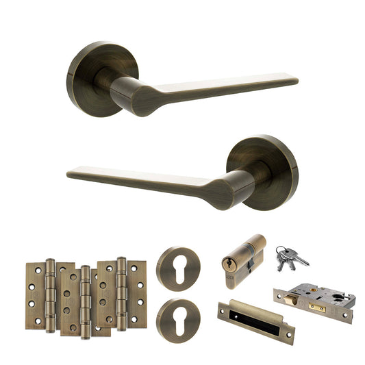Senza Pari Laviano Door Handle Pack (Euro Lock Set - 3" CE Sashlock, 4" Fire Rated Hinges x3) - Antique Brass - Default
