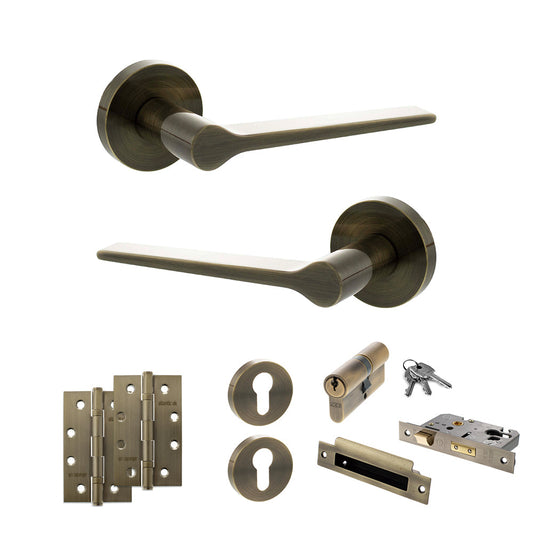 Senza Pari Laviano Door Handle Pack (Euro Lock Set - 3" CE Sashlock, 4" Slim Knuckle Hinges x2) - Antique Brass - Default