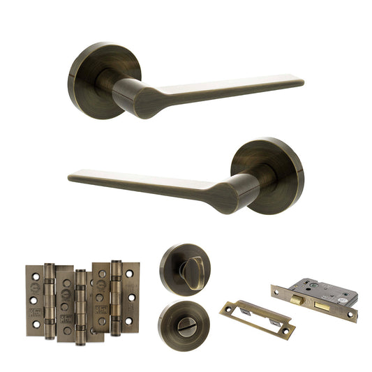 Senza Pari Laviano Door Handle Pack (Bathroom Set - 2.5" CE Bathroom Lock, 3" Fire Rated Hinges x3) - Antique Brass - Default
