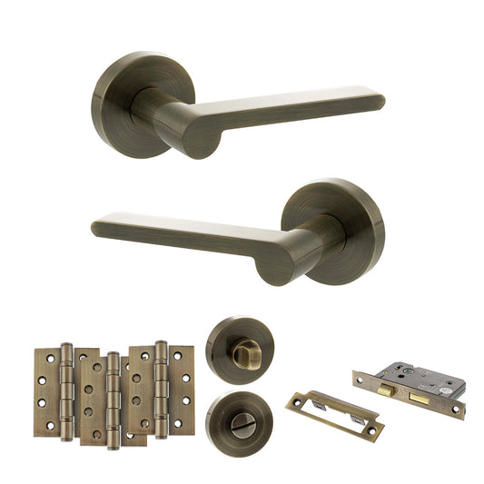 Senza Pari Darrio Door Handle Pack (Bathroom Set - 3" CE Bathroom Lock, 4" Fire Rated Hinges x3) - Antique Brass - Default