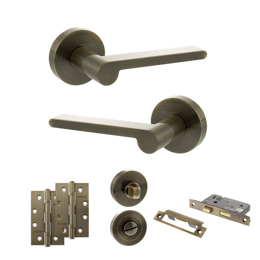 Senza Pari Darrio Door Handle Pack (Bathroom Set - 2.5" CE Bathroom Lock, 4" Slim Knuckle Hinges x2) - Antique Brass - Default