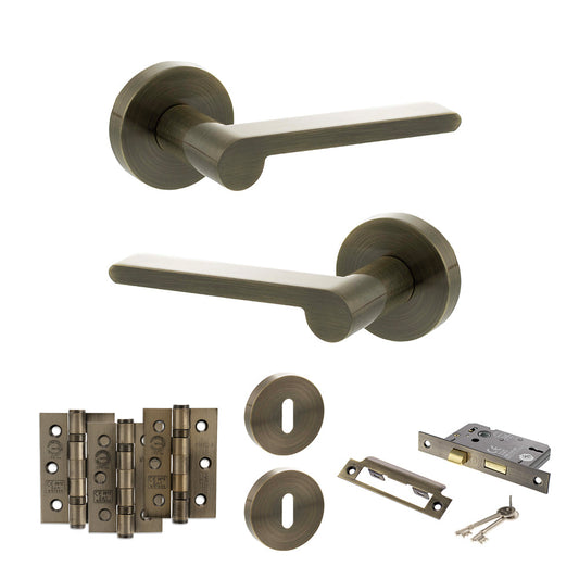 Senza Pari Darrio Door Handle Pack (3 Lever Lock Set - 3" CE Sashlock, 3" Fire Rated Hinges x3) - Antique Brass - Default