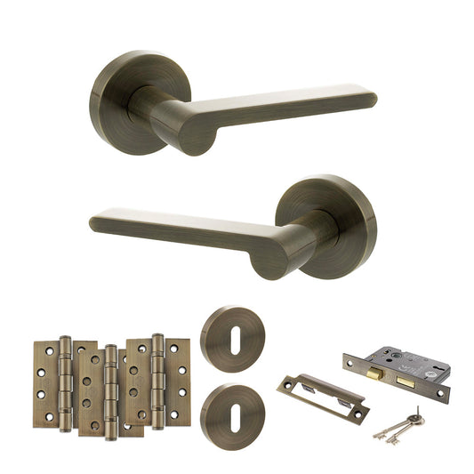 Senza Pari Darrio Door Handle Pack (3 Lever Lock Set - 3" CE Sashlock, 4" Fire Rated Hinges x3) - Antique Brass - Default