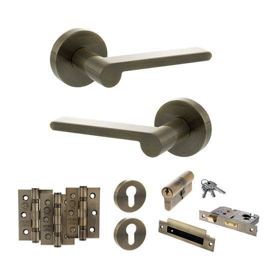 Senza Pari Darrio Door Handle Pack (Euro Lock Set - 2.5" CE Sashlock, 3" Fire Rated Hinges x3) - Antique Brass - Default