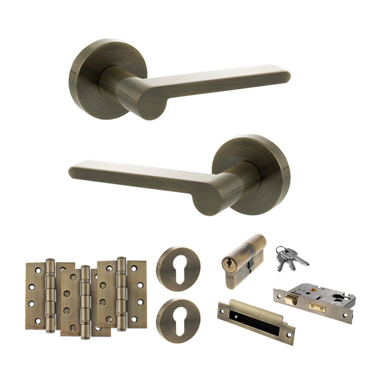Senza Pari Darrio Door Handle Pack (Euro Lock Set - 3" CE Sashlock, 4" Fire Rated Hinges x3) - Antique Brass - Default