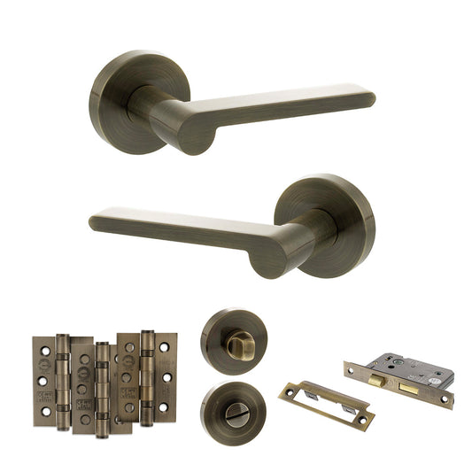 Senza Pari Darrio Door Handle Pack (Bathroom Set - 3" CE Bathroom Lock, 3" Fire Rated Hinges x3) - Antique Brass - Default