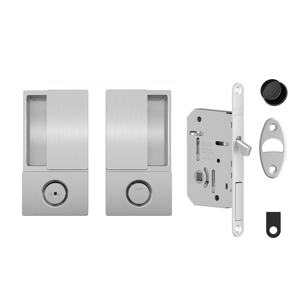 AGB Wave Flush Pocket Door Handle & Bathroom Lock - Satin Chrome - Default