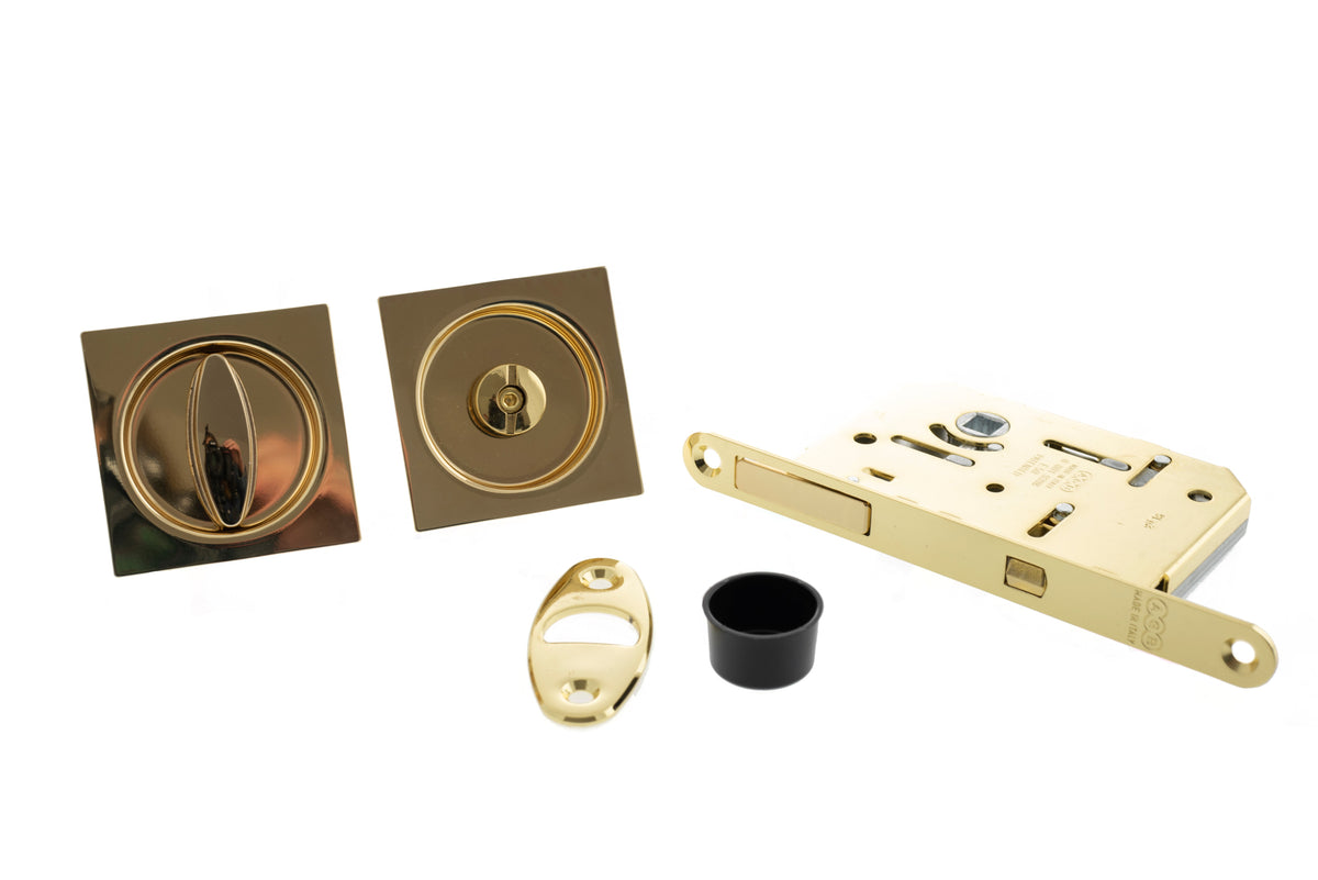 AGB Square Flush Handle Sliding Door Bathroom Lock Set - Polished Brass - Default