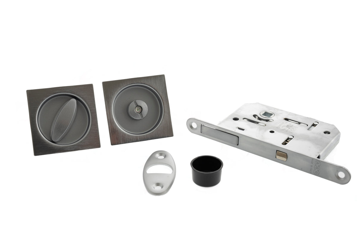 AGB Square Flush Handle Sliding Door Bathroom Lock Set - Satin Chrome - Default
