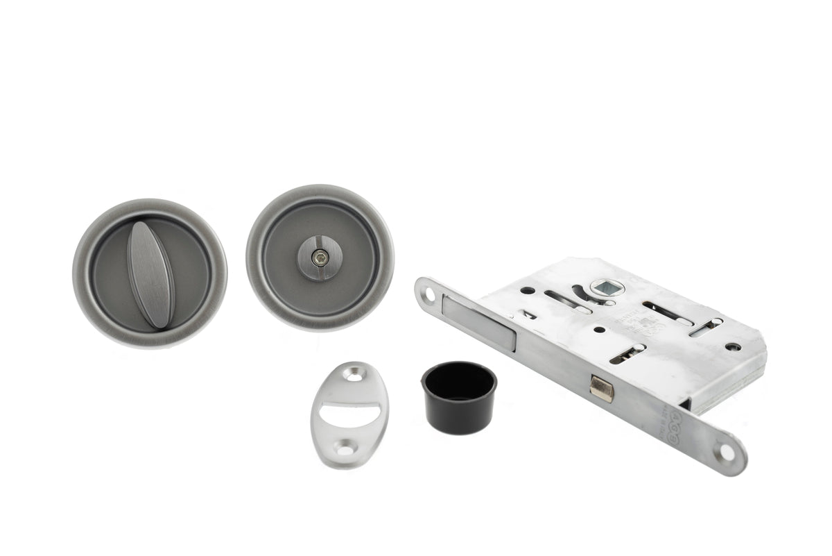 AGB Round Flush Handle Sliding Door Bathroom Lock Set - Satin Chrome - Default