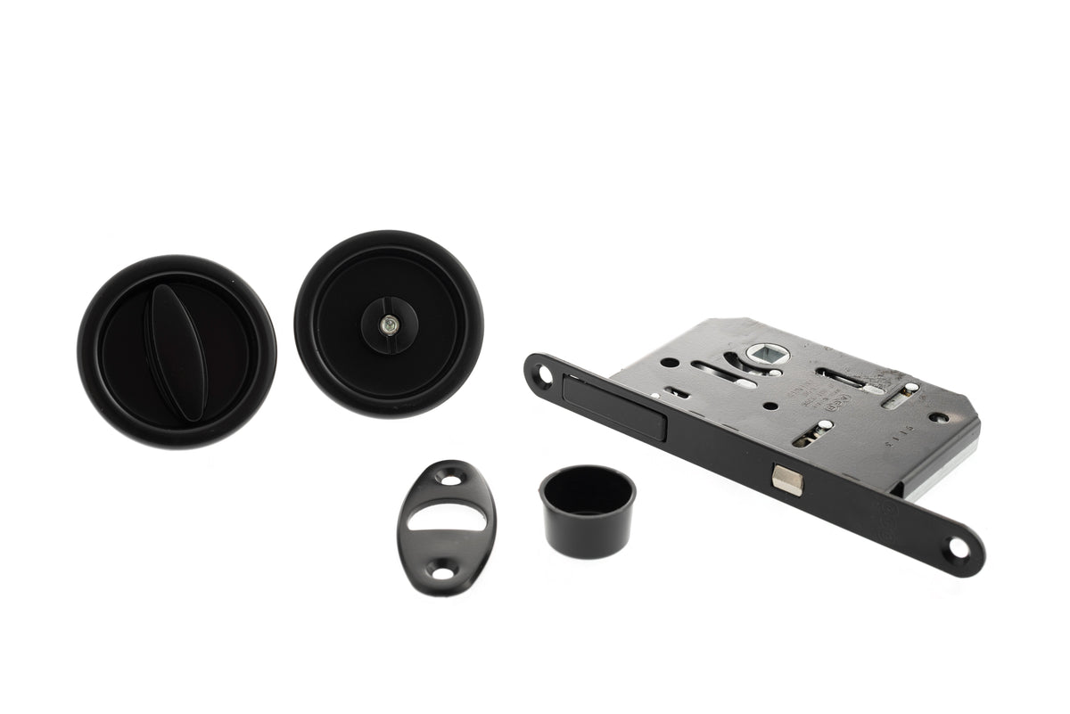 AGB Round Flush Handle Sliding Door Bathroom Lock Set - Matt Black - Default