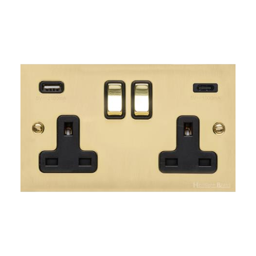 Richmond Elite Range Polished Brass Switches & Sockets, LP1 - 2G 13A Socket with USB-A+C by Heritage Brass By M-Marcus