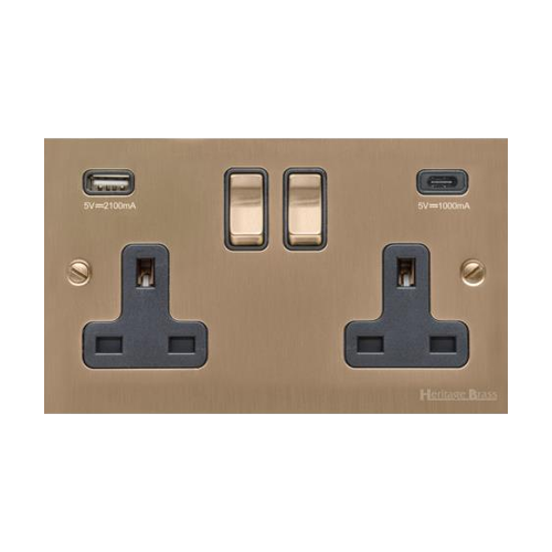 Richmond Elite Range Antique Brass Switches & Sockets, LP91 - 2G 13A Socket with USB-A+C by Heritage Brass By M-Marcus