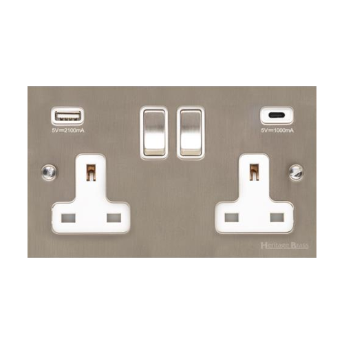 Victorian Elite Range Satin Nickel Switches & Sockets, R05 - 2G 13A Socket with USB-A+C by Heritage Brass By M-Marcus
