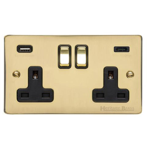 Elite Flat Plate Range Polished Brass, T01 - 2G 13A Socket with USB-A+C