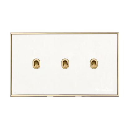 Executive Range Matt White with Polished Brass Switches & Sockets, EX10 - 3 Gang Stockholm Toggle by Heritage Brass By M-Marcus