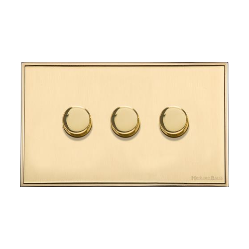 Executive Range Satin Brass with Polished Brass Switches & Sockets, EX14 - 3 Gang TED Dimmer (Compatible with LED Lamps) by Heritage Brass By M-Marcus