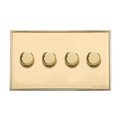 Executive Range Satin Brass with Polished Brass Switches & Sockets, EX14 - 4 Gang Dimmer 400 watts(Compatible with halogen/ incandescent bulbs) by Heritage Brass By M-Marcus
