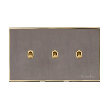 Executive Range Satin Black Nickel with Polished Brass Switches & Sockets, EX16 - 3 Gang Stockholm Toggle by Heritage Brass By M-Marcus