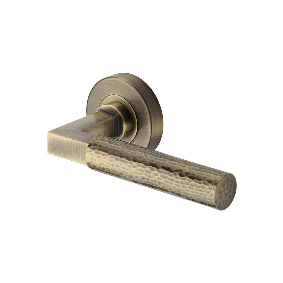 Hammered Bauhaus Door Handle on Round Rose by M Marcus - Heritage Brass