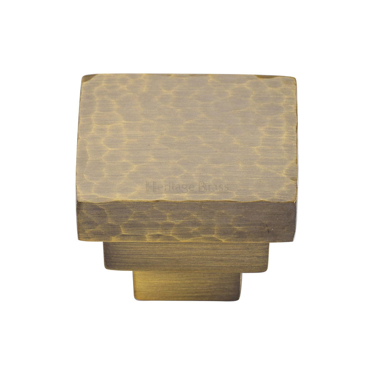 Square Stepped Cabinet Knob Hammered Design by M Marcus - Heritage Brass