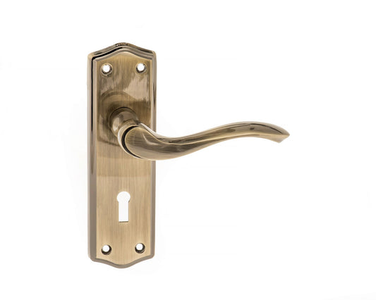 Old English Warwick Key Lever Door Handle on Backplate - Antique Brass - Default