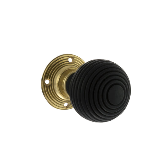 Old English Whitby Ebony Wood Reeded Beehive Mortice Knob on Face Fix Rose - Polished Brass - Default