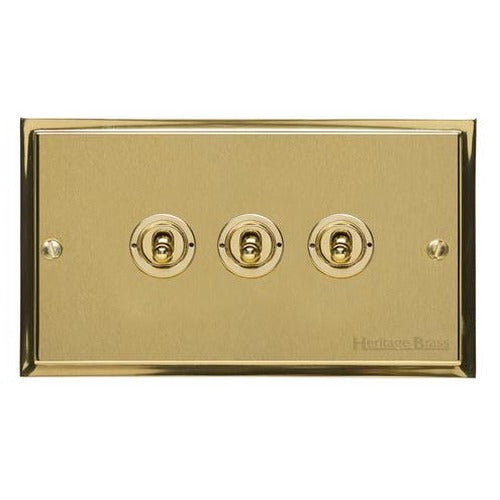 Elite Stepped Plate Range Satin Brass Switches & Sockets, S04 - 3 Gang Toggle Switch by Heritage Brass By M-Marcus