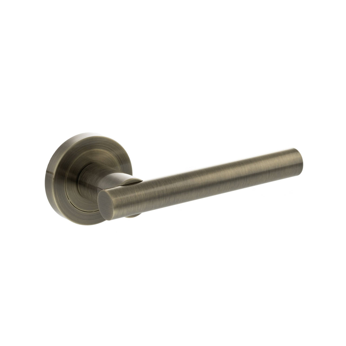 STATUS Nebraska Lever Door Handle on Round Rose - Antique Brass - Depth: 60mm, Height: 51mm, Width: 140mm